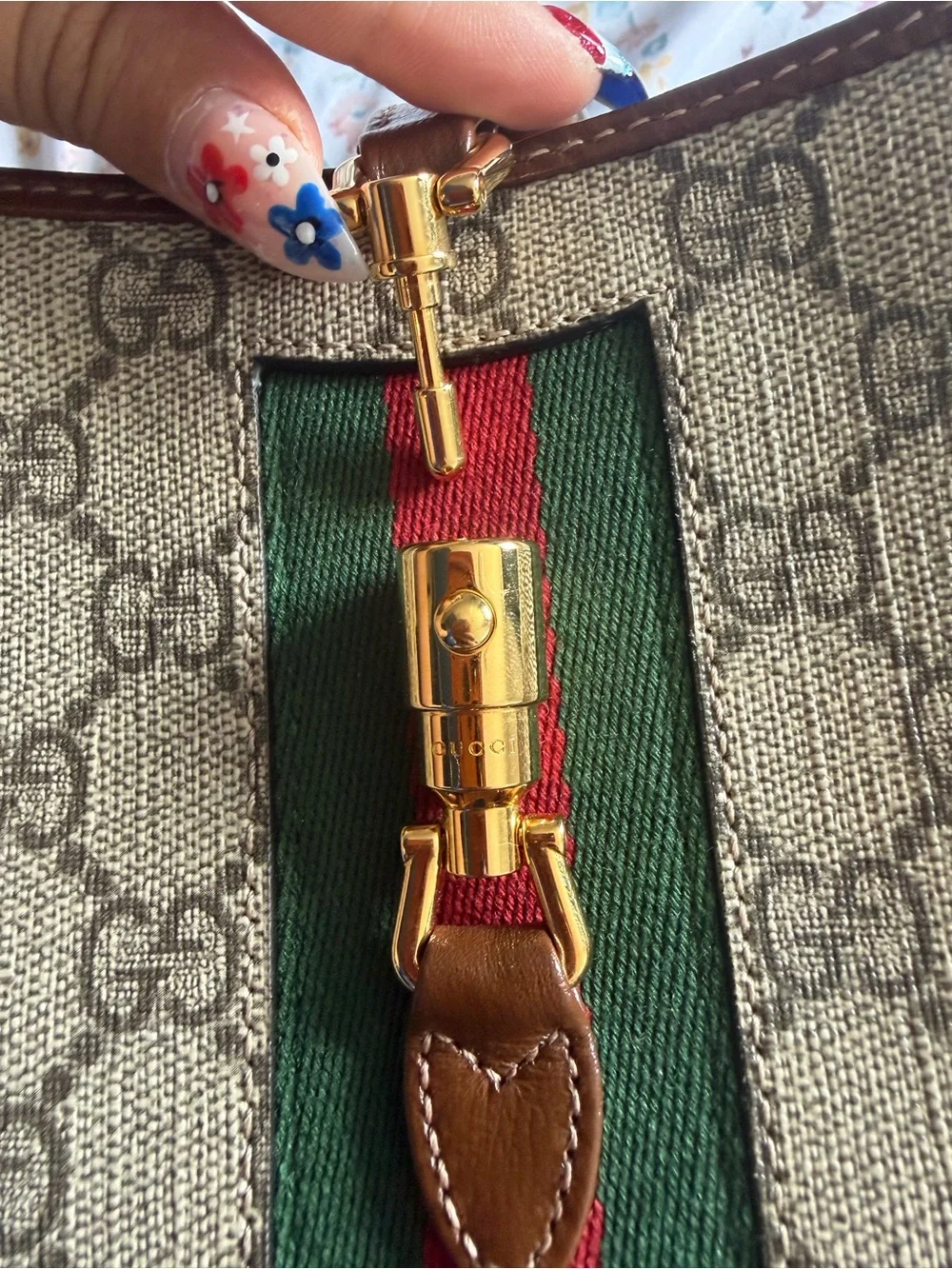 Gucci Beige GG Canvas Shoulder Bag with Brown Leather and Green-Red Web